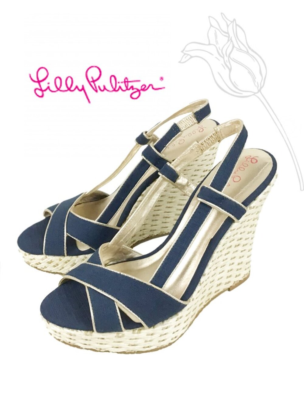 Lilly Pulitzer Navy Ashley Canvas Wedge Sandal NWOT